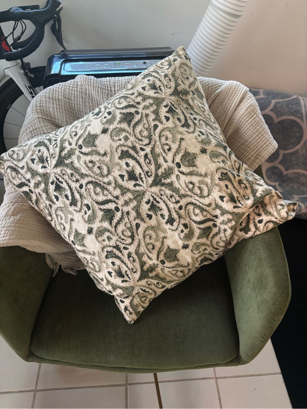 Pottery Barn Green and Cream Scroll Pattern Throw Pillow